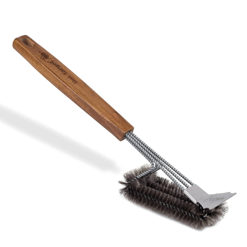 18-inch grill brush and scraper with secure extension made from acacia wood