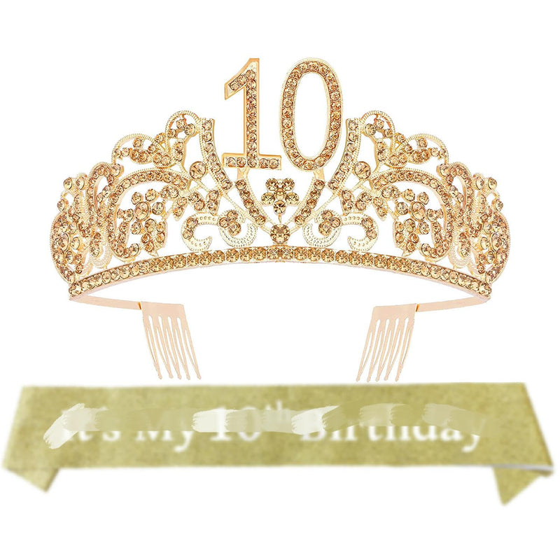 Girls 10th Birthday Sash and Tiara - Fabulous Glitter Sash + Flowers