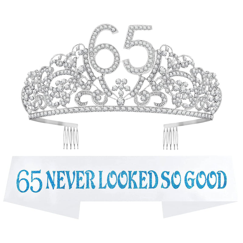 65th Birthday Sash and Tiara for Women - Fabulous Glitter Sash + Flowers