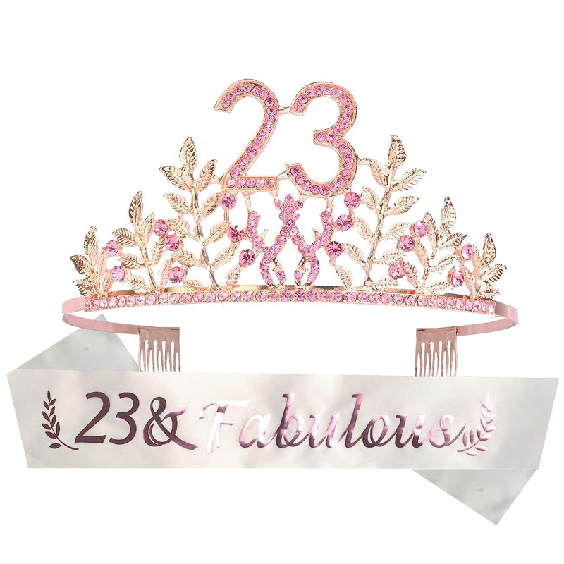 23rd Birthday Sash and Tiara for Women - Fabulous Set: Glitter Sash + Leaves