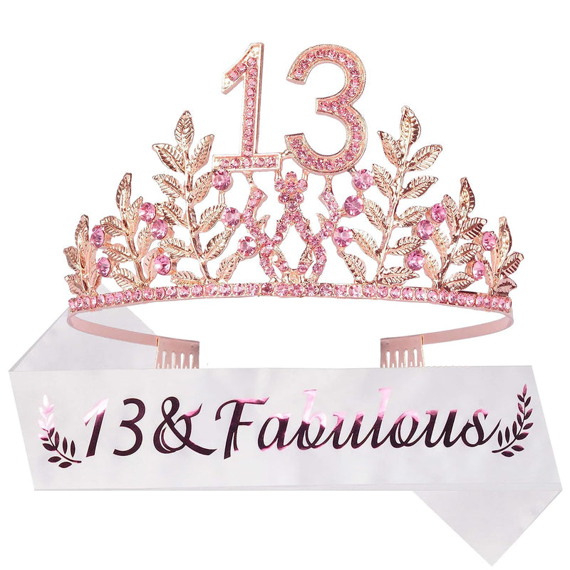 Girls 13th Birthday Sash and Tiara - Fabulous Set: Glitter Sash + Leaves