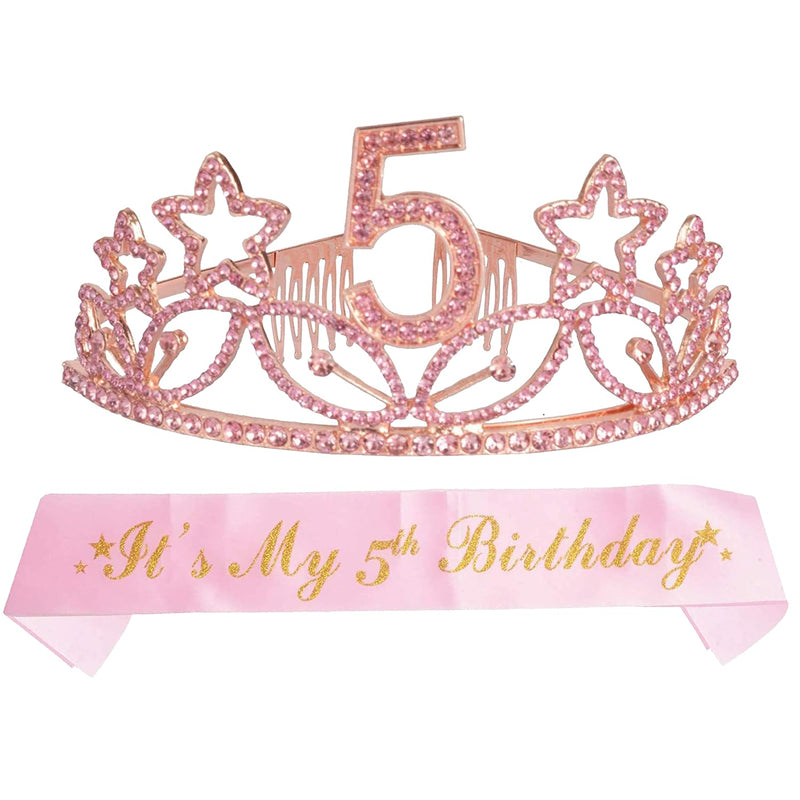 Girls 5th Birthday Sash and Tiara - Fabulous Glitter Sash + Star Rhinestones