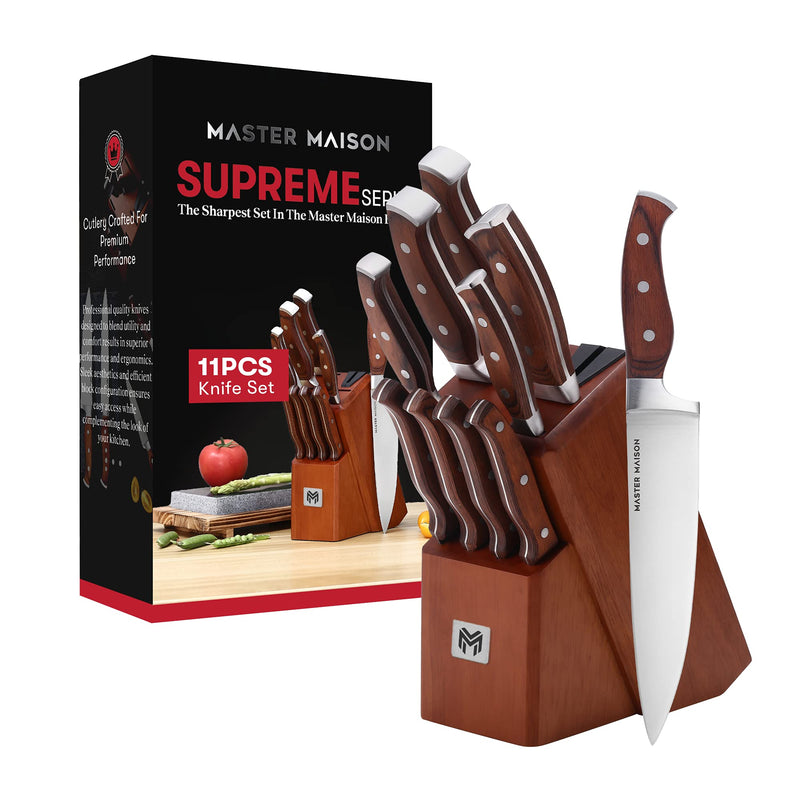 11-piece kitchen knife set made of walnut wood with knife block and double knife sharpener