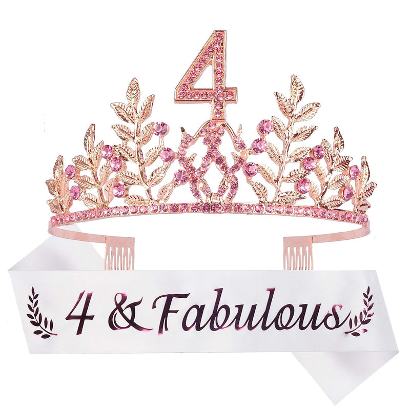 Girls 4th Birthday Sash and Tiara - Fabulous Glitter Sash + Leaves