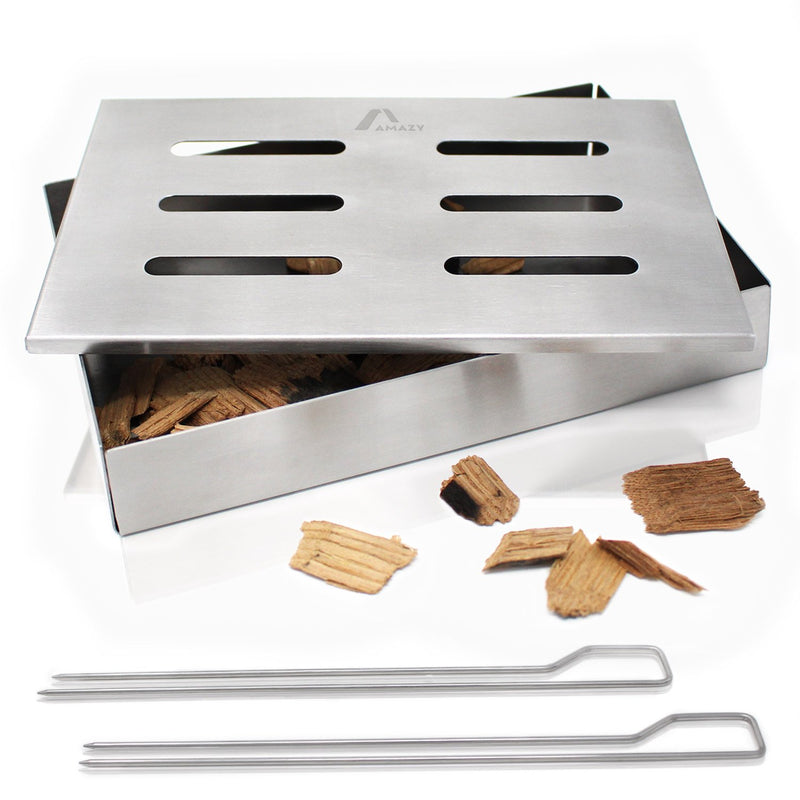 Stainless steel smoking box including smoking chips, 2 grill skewers, dishwasher safe