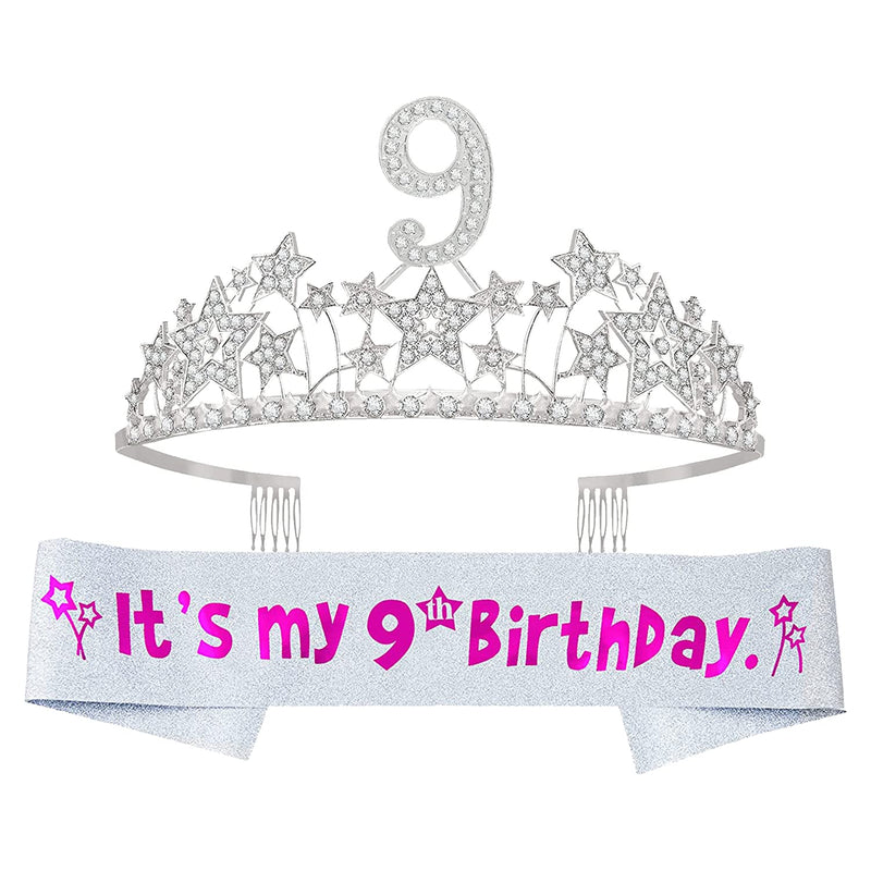 Girls 9th Birthday Sash and Tiara - Fabulous Glitter Sash + Starry Sky