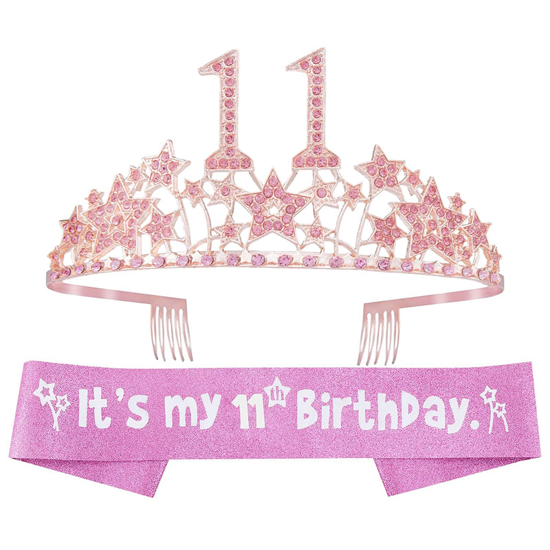 Girls 11th Birthday Sash and Tiara - Fabulous Glitter Sash + Starry Sky