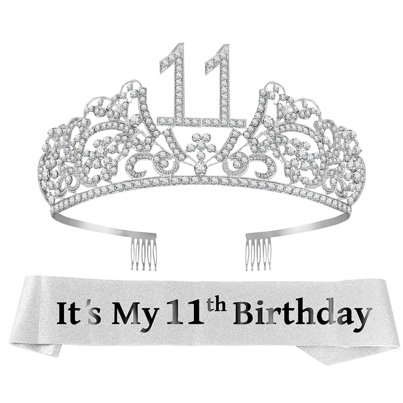 Girls 11th Birthday Sash and Tiara - Fabulous Glitter Sash + Flowers