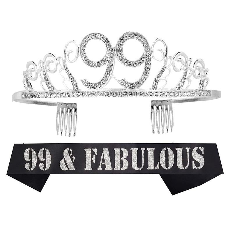 99th Birthday Sash and Tiara for Women - Fabulous Glitter Sash + Waves