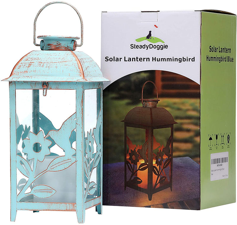 Outdoor solar lantern, hummingbird, blue decor, antique metal and glass