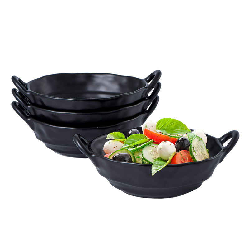 20 Ounce Porcelain Soup Bowls with Handles, Set of 4, 20 Ounce Large Porcelain, Black