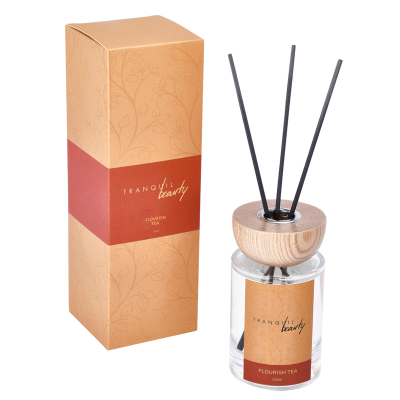 Tranquil Beauty Reed Diffuser with Wooden Lid - Flourish Tea Scent Reed Aroma -