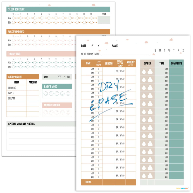 Baby Feeding Schedule and Infant Diaper Tracker - 2 Dry Erase Posters