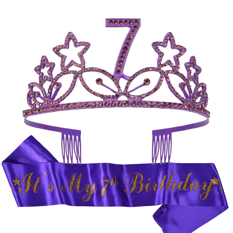 Girls 7th Birthday Sash and Tiara - Fabulous Glitter Sash + Star Rhinestones