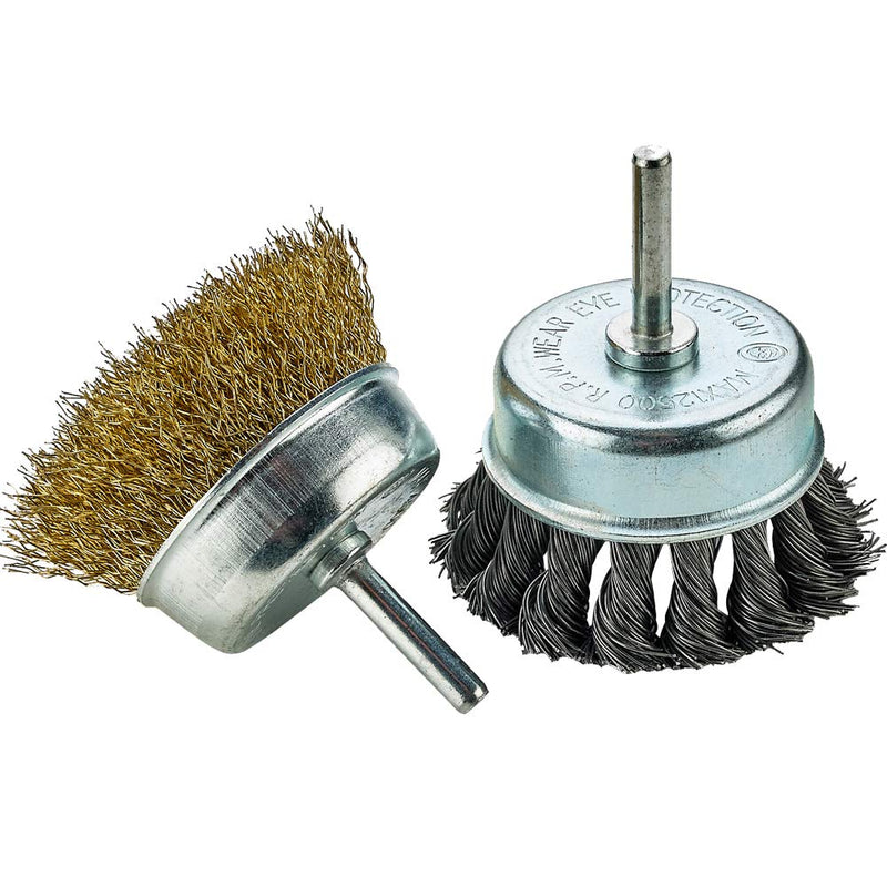 Wire Wheel Brush - 2 pack knotted and crimped cups for removing rust and corrosion