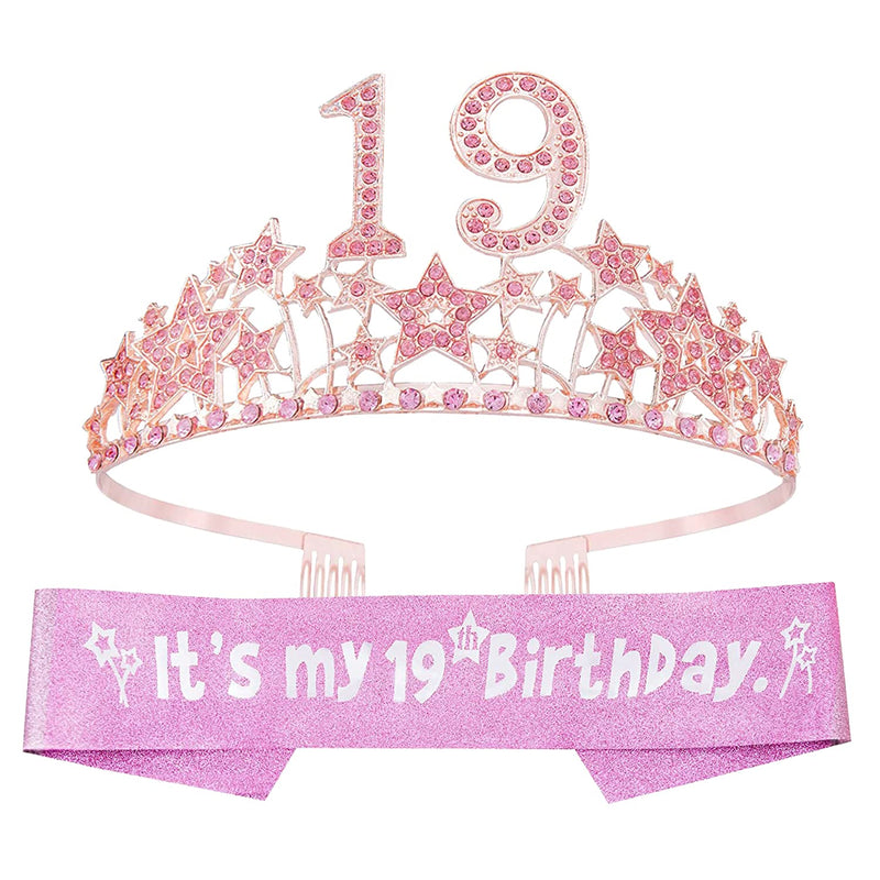 19th Birthday Sash and Tiara for Women - Fabulous Set: Glitter Sash + Starry Sky