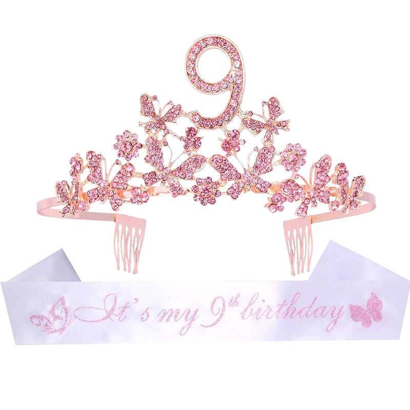 Girls 9th Birthday Sash and Tiara - Fabulous Glitter Sash + Butterflies