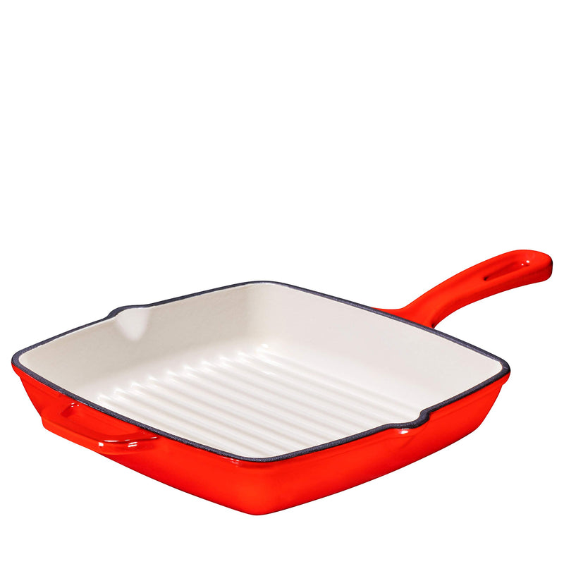 Pre-seasoned 10-inch red square cast iron skillet with cast iron inner grill