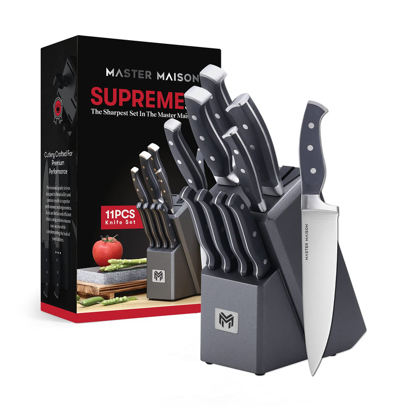 11-piece gray kitchen knife set with knife block and double knife sharpener Master