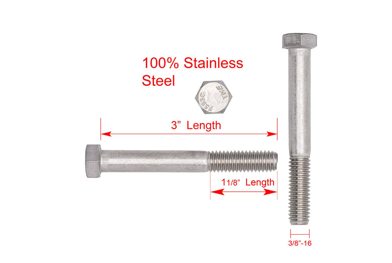 3/8"-16 x 3" (10 pieces) hex head screw, 18-8 stainless steel