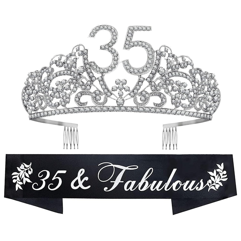 35th Birthday Sash and Tiara for Women - Fabulous Glitter Sash + Flowers