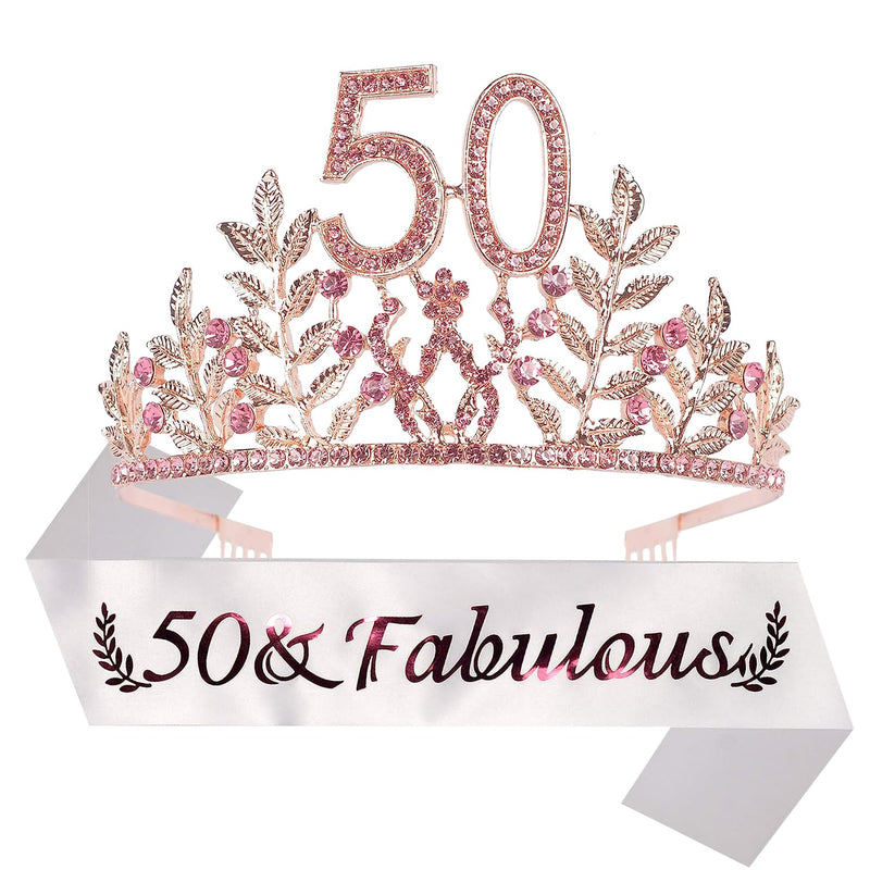 50th Birthday Sash and Tiara for Women - Fabulous Glitter Sash + Leaves