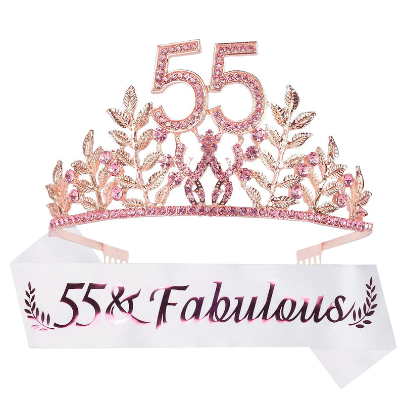 55th Birthday Sash and Tiara for Women - Fabulous Glitter Sash + Leaves