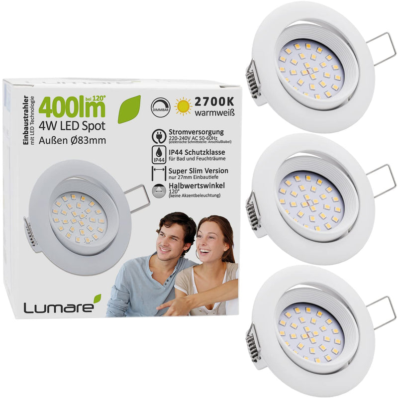 LED recessed spotlight dimmable 4w 400 lumens IP44 only 27mm extra flat installation depth