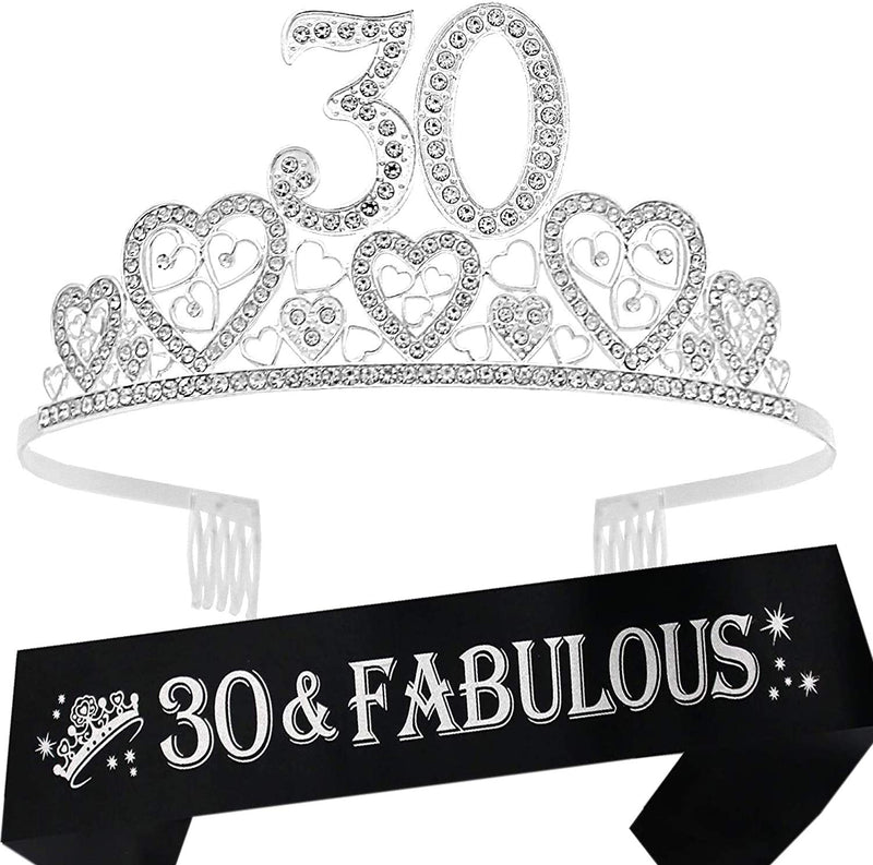 30th Birthday Sash and Tiara for Women - Fabulous Glitter Sash + Hearts