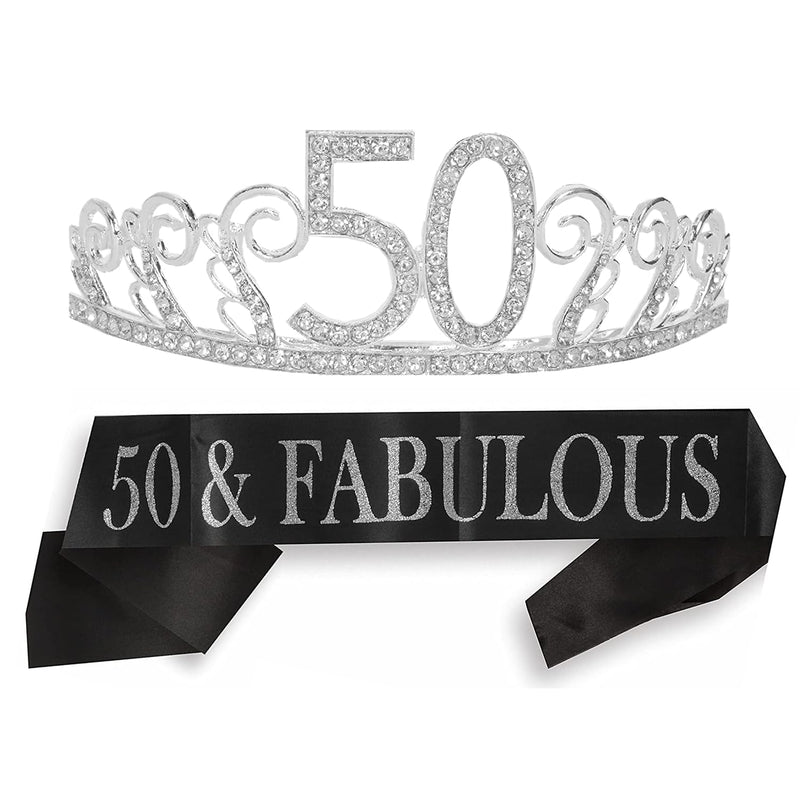 50th Birthday Sash and Tiara for Women - Fabulous Glitter Sash + Waves