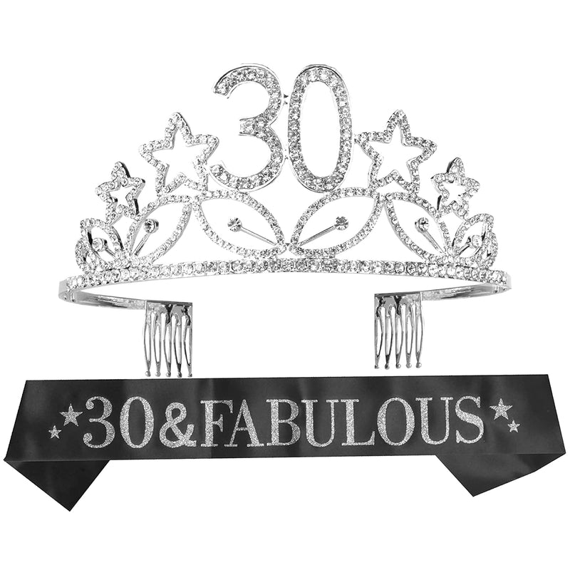 30th Birthday Sash and Tiara for Women - Fabulous Glitter Sash + Stars