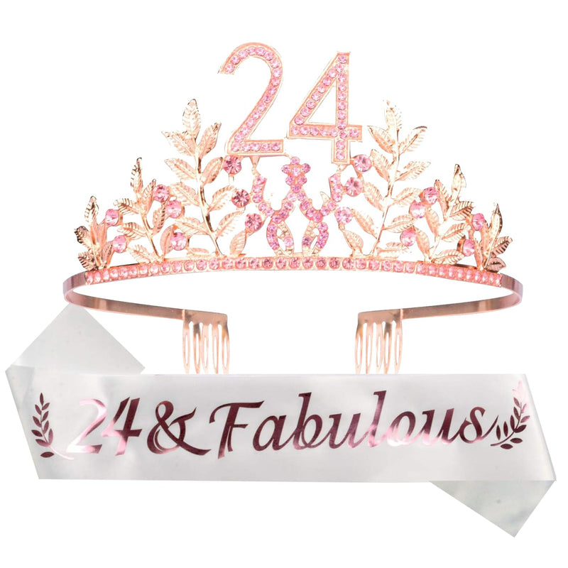 24th Birthday Sash and Tiara for Women - Fabulous Set: Glitter Sash + Leaves