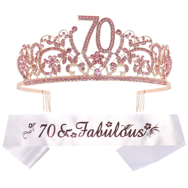 70th Birthday Sash and Tiara for Women - Fabulous Glitter Sash + Flowers