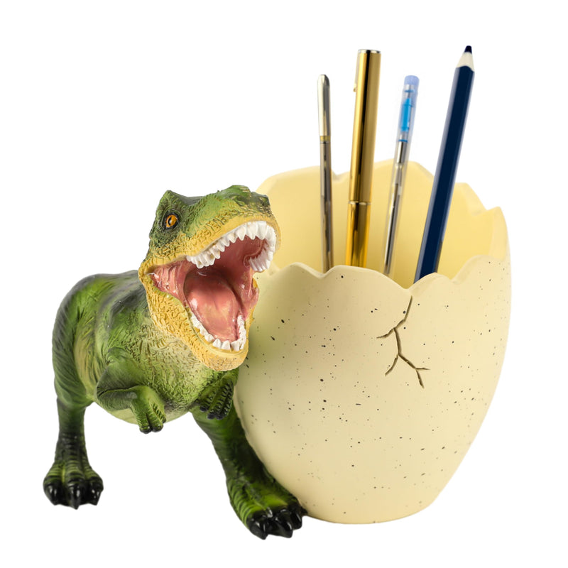 Pen holder in dinosaur shape with eggshell cup, toothbrush holder, compact