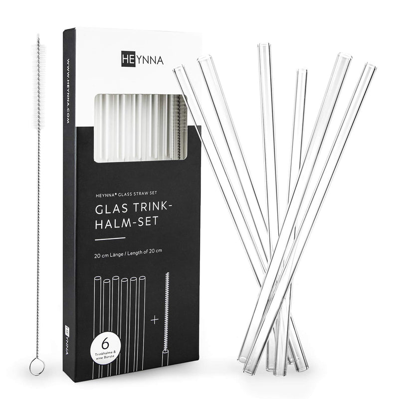 Set of 6 glass straws made of borosilicate glass including straw cleaning brush