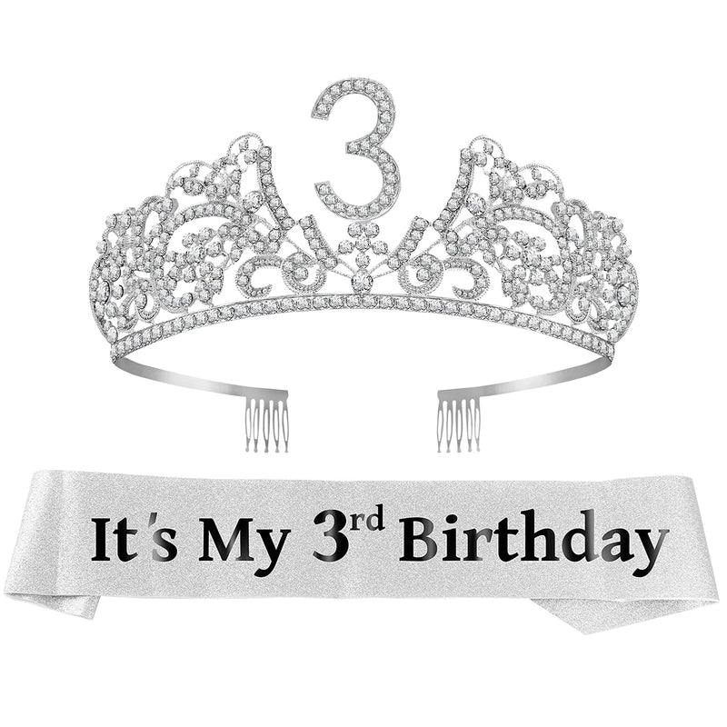 Girls 3rd Birthday Sash and Tiara Set - Glitter Sash + Rhinestones