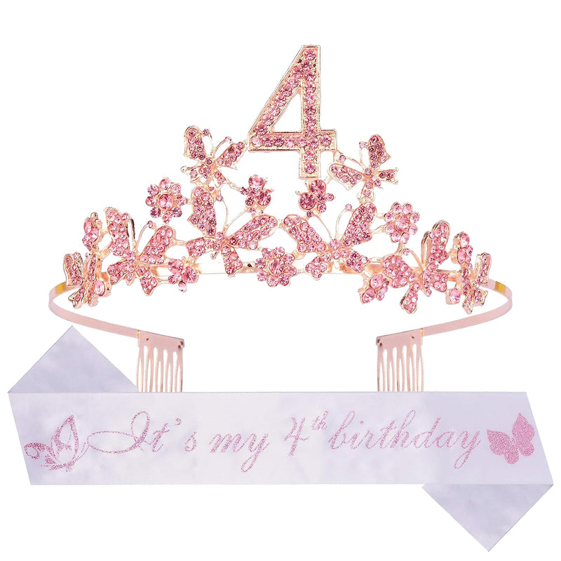 Girls 4th Birthday Sash and Tiara - Fabulous Glitter Sash + Butterflies