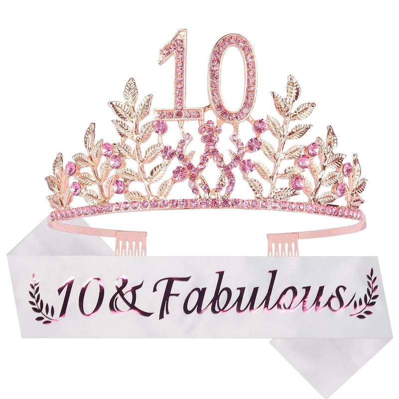 Girls 10th Birthday Sash and Tiara - Fabulous Glitter Sash + Leaves