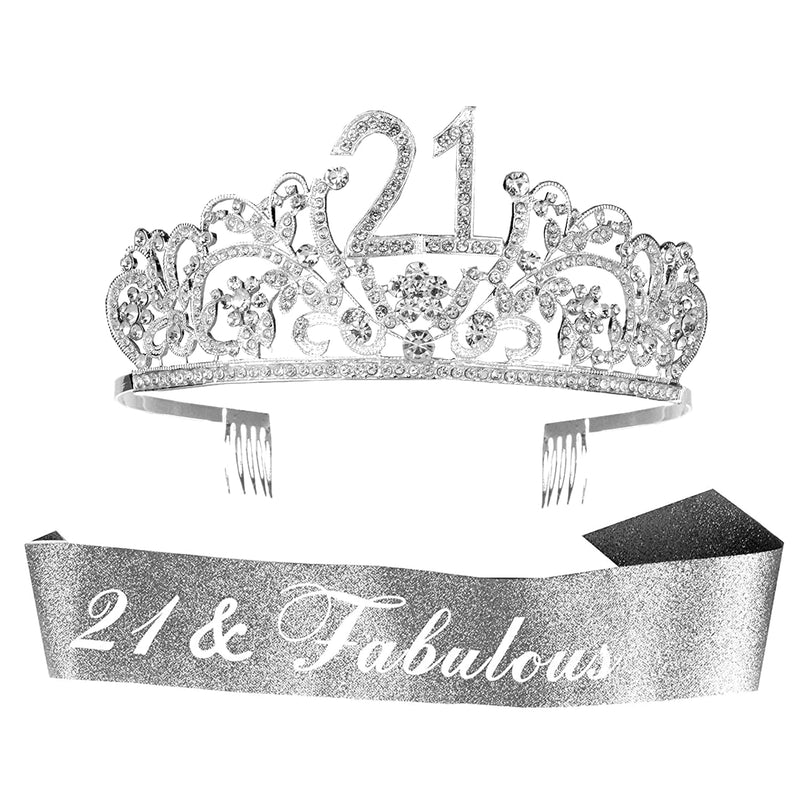 21st Birthday Sash and Tiara for Women - Fabulous Set: Glitter Sash + Flowers