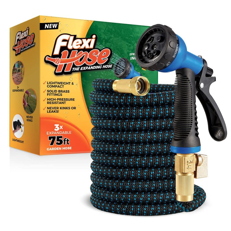 With 8-function nozzle, expandable garden hose, lightweight and kink-free, flexible