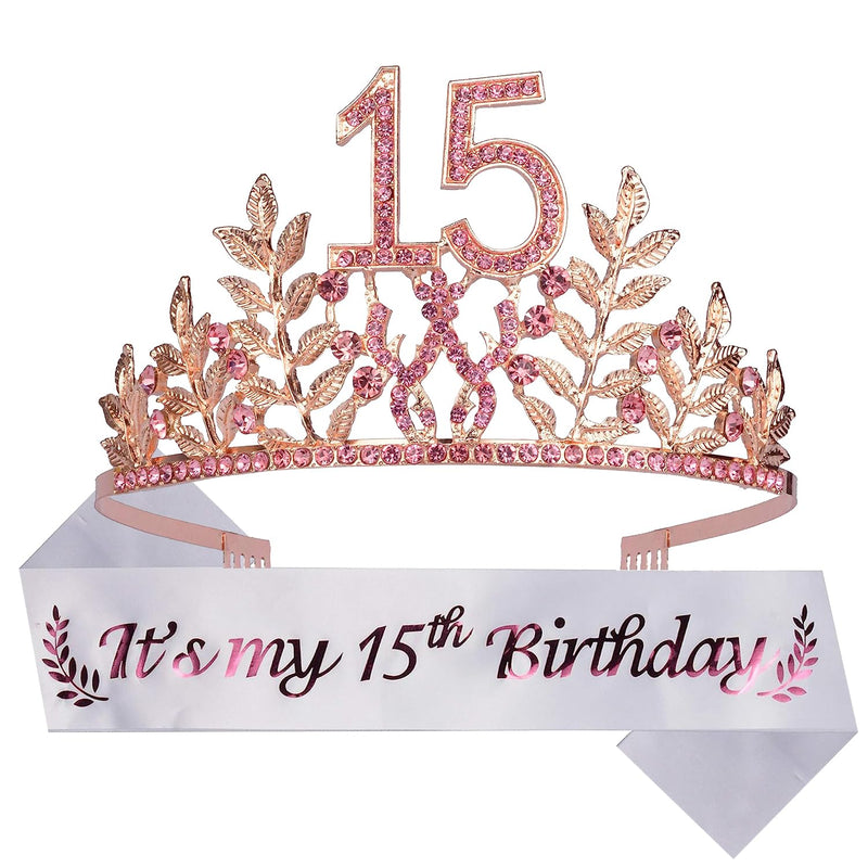 Girls 15th Birthday Sash and Tiara - Fabulous Set: Glitter Sash + Leaves