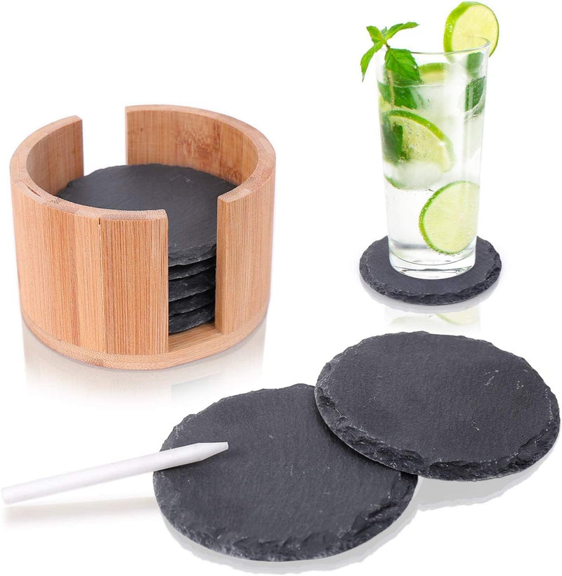 Slate coaster set (8 pieces) including chalk pen. Decorative glass coasters