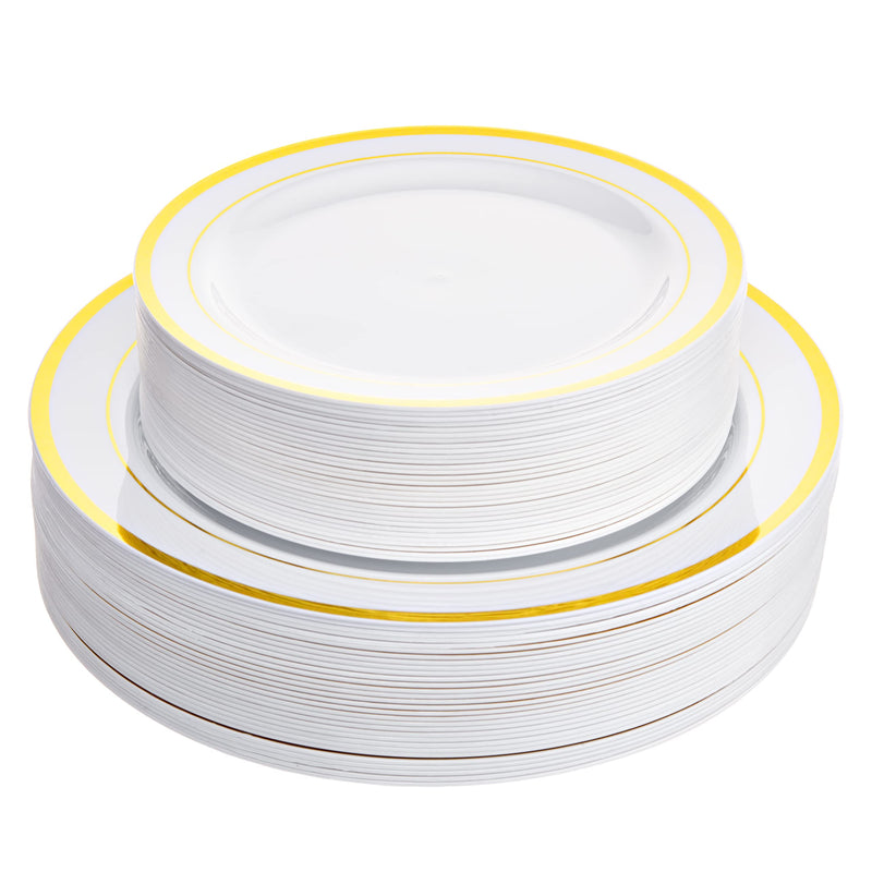 60 Disposable Plastic Plates with White and Gold Rim - 30 Plastic Plates