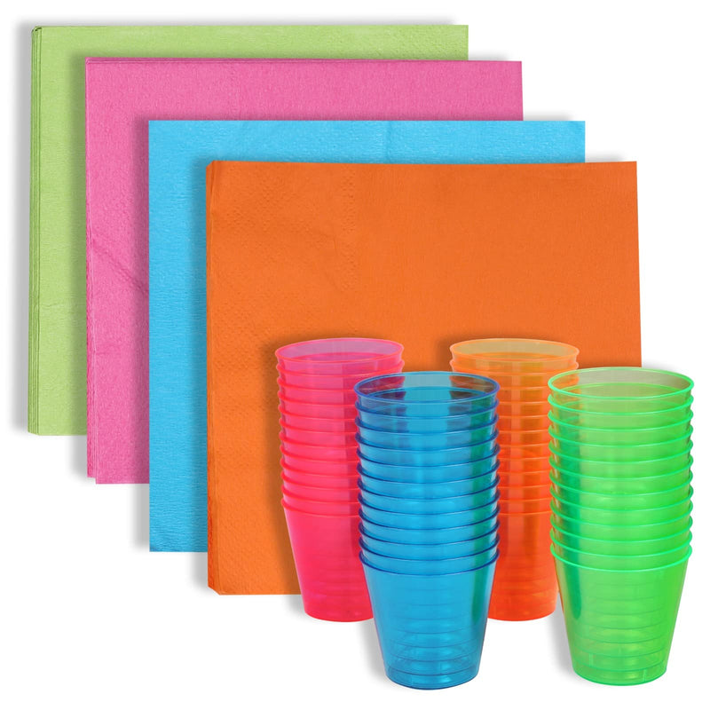 Glow Neon Party Supplies 50 Neon Shot Glasses (1 Ounce) with 50 Neon Hard Napkins