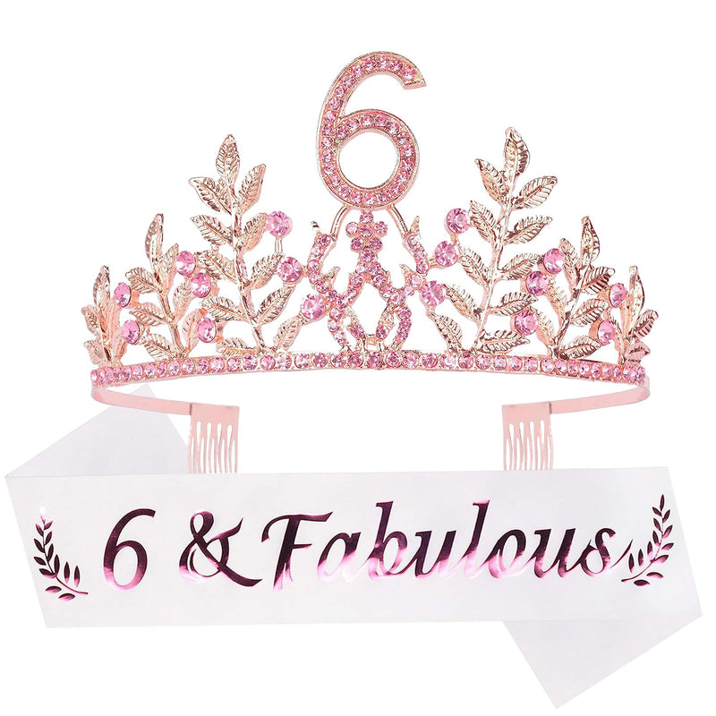 Girls 6th Birthday Sash and Tiara - Fabulous Glitter Sash + Leaf Rhinestones