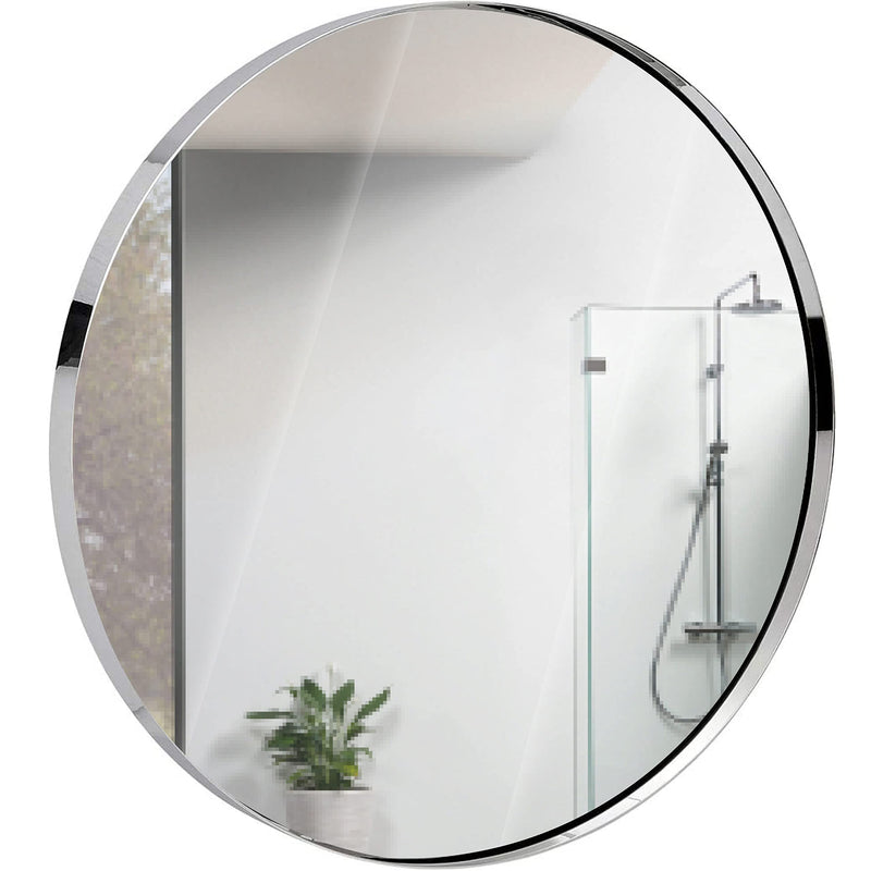 30 inch contemporary silver round mirror with polished metal frame