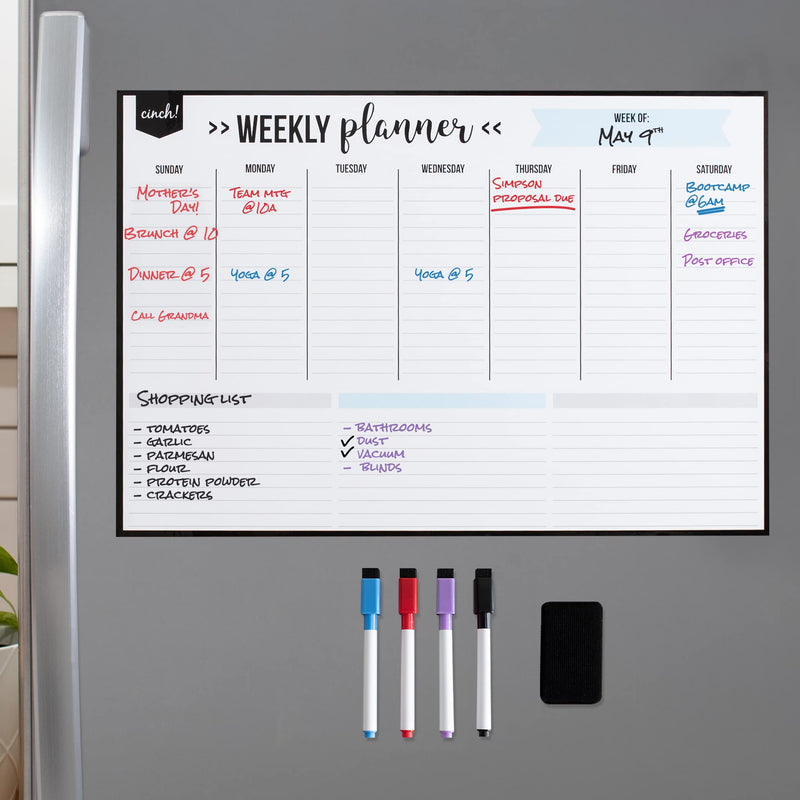 Magnetic Dry Erase Whiteboard Weekly Fridge Calendar 19" x 13" - 4 Fine Tips