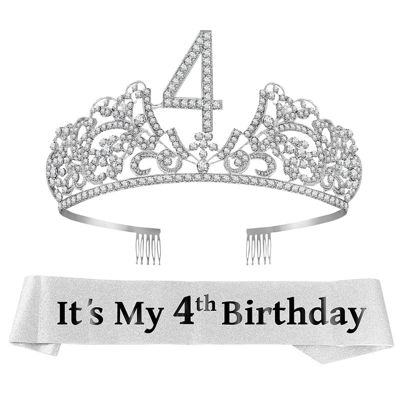 Girls 4th Birthday Sash and Tiara - Fabulous Glitter Sash + Flowers