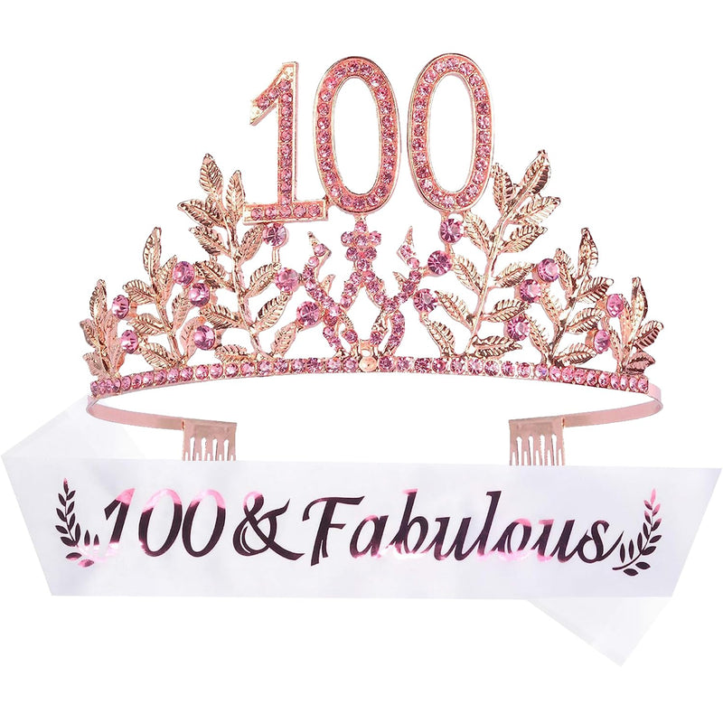 100th Birthday Sash and Tiara for Women - Fabulous Glitter Sash + Leaves