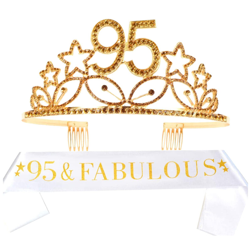 95th Birthday Sash and Tiara for Women - Glitter Sash + Stars, Rhinestone, Gold